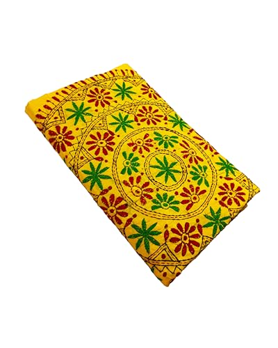 Image of SHRISTI CLOTHINGS Women's Hand Embroidered Cotton Silk Kantha Stitch Saree with Blouse Piece (J420824 YELLOWD92)