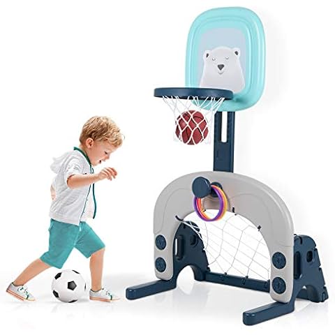 Kids Basketball Hoop Set, 3 in 1 Basketball Stand | with Football/Soccer Goal, Ring Toss | Adjustable Height, Portable Sports Activity Center | Indoor Outdoor Game, Gift for Boys Girls Cover