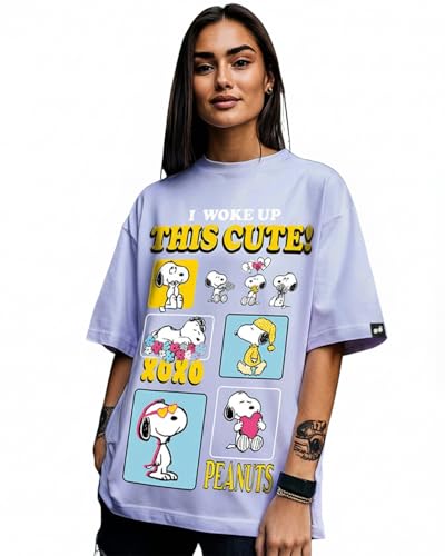 Image of Bewakoof X Peanuts Women's 100% Cotton AOP Oversized Fit Half Sleeve Round Neck T-Shirt | Casual wear | Streetwear | Oversized Tshirt for Woman Cotton| Baggy