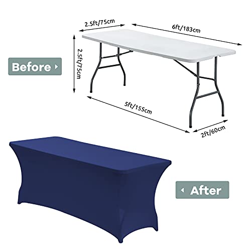 Image of CWK 6FT Waterproof Stretch Spandex Table Cover for Rectangular Tables - Elastic Fitted Tablecloth for Folding Tables,Wrinkle Resistant Table Cloth for Parties, Weddings, Banquets & Events (Blue)