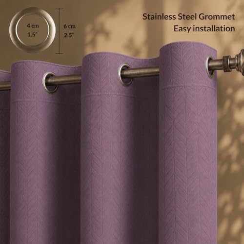 Image of LINENWALAS 100% True Blackout Window Curtains 6 Feet Set of 2 | Embossed Herringbone Leaf Design |Room Darkening Curtain | Thermal Insulated Curtains for Living Room, Bedroom (129 x 183 cm, Lilac)