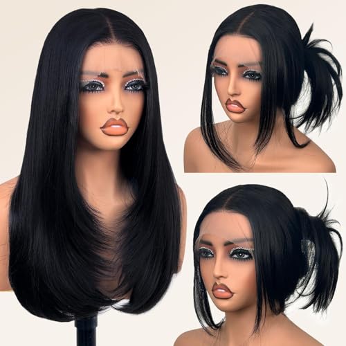 Glueless Synthetic Lace Front Wig 26 Inches Pre Plucke Long Straight Black Wigs for Black Women 13x5x1 HD Lace Hand Tied (#1B Natural Black 26 Inch)
