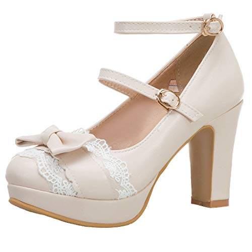 AIMODOR Womens Sweet Mary Jane Platform Chunky Heel Pumps Ankle Strap Lace Up Shoes