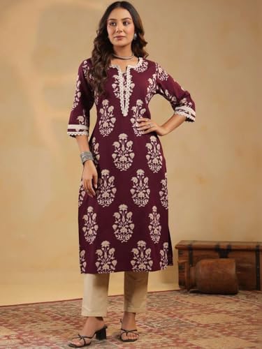 Image of Rimeline Women's Cotton Printed Kurta with Lace Yoke Detail | Elegant Straight Fit Ethnic Wear for Office, Casual & Daily Styling