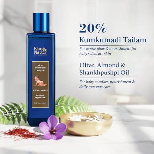 Image of Blue Nectar Baby Oil with Pure Kumkumadi Oil for Glowing Skin | Ayurvedic Baby Massage Oil for New Born | 100% Natural & Safe Baby Product for Delicate Skin (17 Herbs, 200 ml)