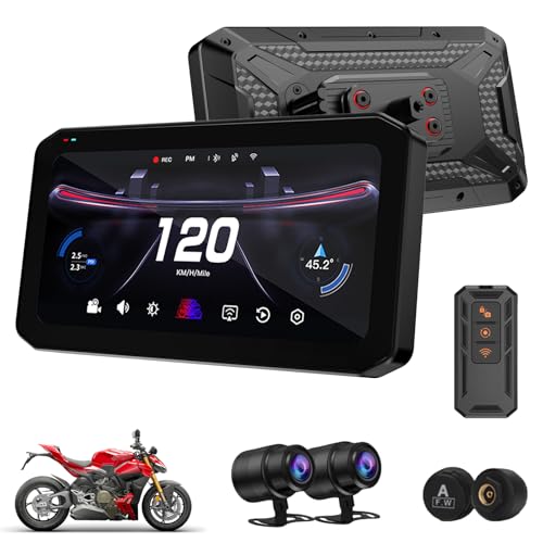 Mogico T7 Ultra Motorcycle CarPlay Android Auto GPS Navigation Smart Riding System, Blind Spot Detection, Tire Pressure Sensor, Dual 2K Dash Cameras, 6.25