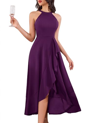 Image of Dressystar Womens 2026 Halter Slit Ruffle Wedding Guest Party Dress Elegant Maxi Long Sleeveless Formal Prom Cocktail Dresses