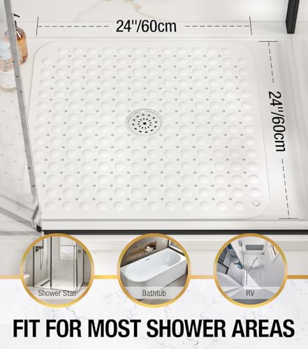 Image of HITSLAM Shower Bathtub Mat Non Slip, 24 inchx 24 inch Bath Mat for Tub, Soft PVC Shower Mats for Inside Shower with Suction Cups and Center Drain Hole, Machine Washable Bathroom Floor Mat, White