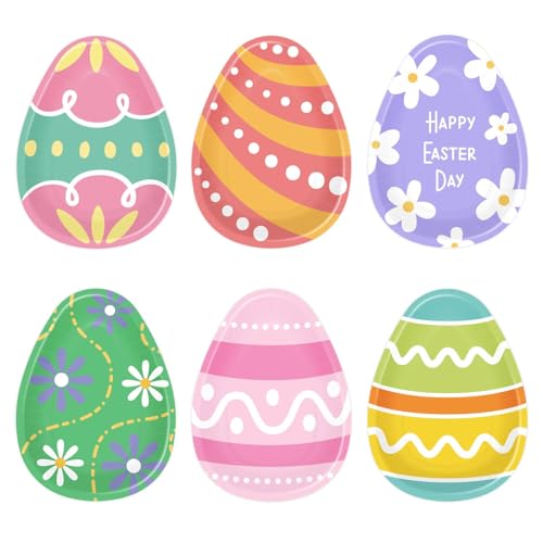 Vanulus 60pcs Easter Egg Shaped Paper Plates 6 Designs Colorful Easter Decorative Dinner Disposable Plates for Spring Holiday Birthday Party Supplies Table Decor