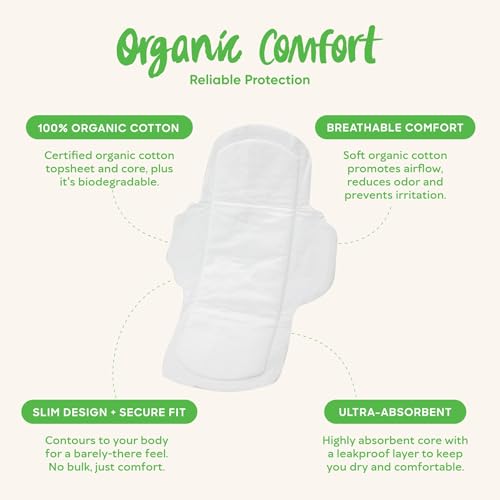 Image of Oi | Organic Initiative - Ultra-Thin Pads with Wings | 100% Certified Organic Cotton, Unscented | Leak Free, Biodegradable | Non-GMO, Toxin Free (Regular, 54, Count)