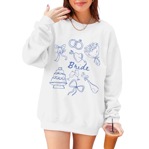 Migxsaf Bride Sweatshirt Mrs Fiancee Engaged Sweatshirts Oversized Long Sleeve Shirts Bachelorette Wedding Party Gifts(White-b M)