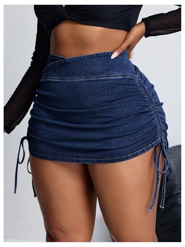 Floerns Women's Plus Size Cross Wrap Waist Denim Skirt Drawstring Side Mini Skirt4