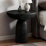 THKSHOUZ 18'' Tall Round Black Pedestal Side Table, Modern Hourglass End Table with Stone Texture, Minimalist Faux Concrete Accent Table for Living Room, Bedroom, or Patio