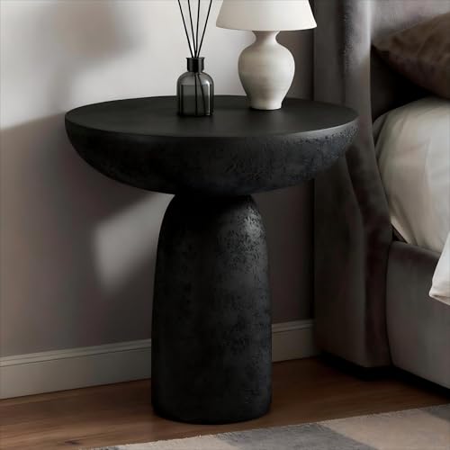 THKSHOUZ 18'' Tall Round Black Pedestal Side Table, Modern Hourglass End Table with Stone Texture, Minimalist Faux Concrete Accent Table for Living Room, Bedroom, or Patio