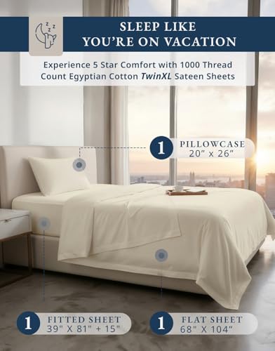 Image of LANE LINEN Yellow Twin XL Sheets 100% Egyptian Cotton Sateen - Ivory | Cream Twin XL Sheets - 3-Piece Set, 15 inch Deep-Pocket Snug Fit, 1000 Thread Count, Fits Extra-Long Twin Beds, Elegant