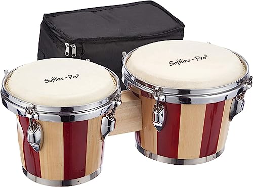 Image of Softline Pro Bongo Drum Set with Tuning Wrench & Padded Professional Wooden Percussion Instrument for Beginner Adults Kids - Natural Skin (Red Stripe - Premium)