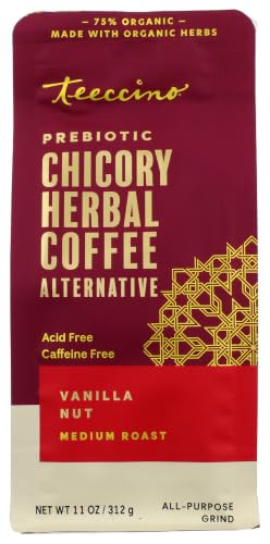 Teeccino Vanilla Nut Chicory Coffee Alternative - 11 Ounce - Ground Herbal Coffee That’s Prebiotic, Caffeine Free & Acid Free, Medium Roast