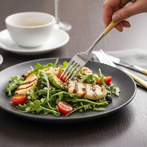 Image of Sterling Silver with Golden Handle French Style Silverware | 5-Piece Hammered Fruit Fork Set | 18 /10 Stainless Steel Flatware | Elegant & Durable Cutlery for Home, Restaurants & Gifting