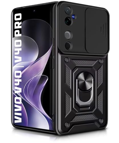 Image of WOW IMAGINE Tough Armor Bumper Mobile Back Case for Vivo V40 | V40 Pro 5G | T3 Ultra 5G | Sliding Camera Shield Cover | Shock Proof 360 Protection | Hybrid PC + TPU | Ring Holder with Stand - Black