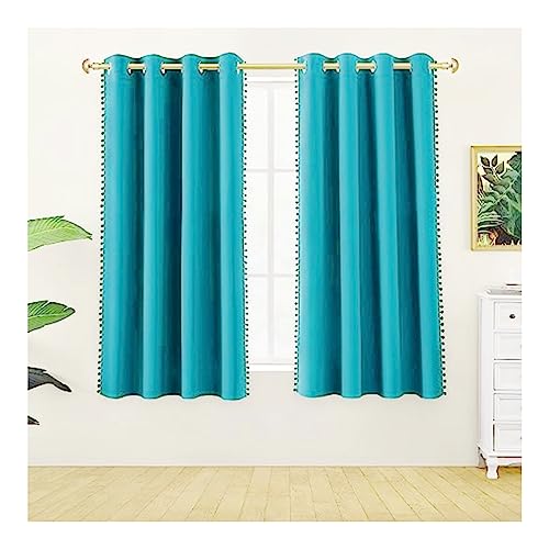Image of Amazon Brand - Umi Velvet Eyelet Door Curtains with pom pom Lace for Living Room Bedroom Kitchen 1 pc Pack in Teal Color (Windows - 4 feet x 4 feet)
