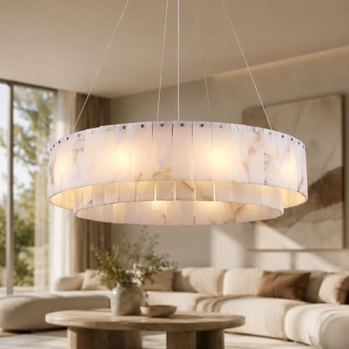 Alabaster Chandelier 31 Inch, 12-Light 2-Tier Modern Round Stone Chandeliers, Spanish Natural Alabaster Ring Pendant Light with G9 Bulbs, Dimmable Gold Fixture for Living Room Dining Room Foyer