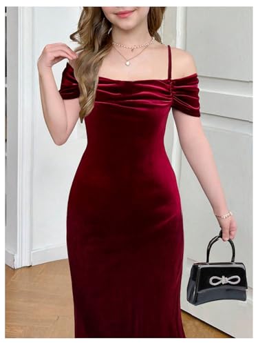 Floerns Girl's Cold Shoulder Velvet Bodycon Dresses Ruched Birthday Fishtail Long Dress4
