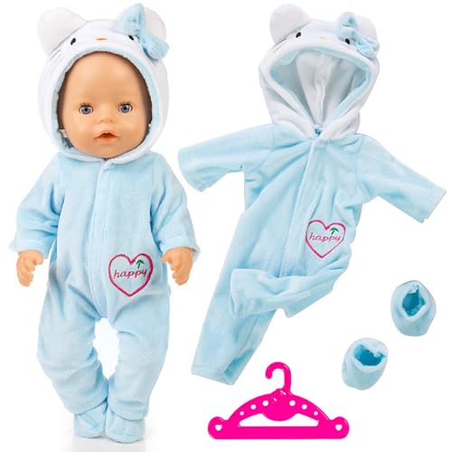 Doll Clothes for 13-18 Inch Baby Dolls, Sweet Outfits Jumpsuit Top Hat and Socks Compatible with New Born Baby 30-45 cm Dolls Girls Birthday (Blue-Cat) (No Doll)