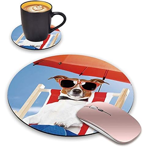 BWOOLL Round Mouse Pad and Coasters Set, Funny Dog Lying on Beach Chair Design Mouse Pad, Non-Slip Rubber Base Mouse Pads for Laptop and Computer Cover