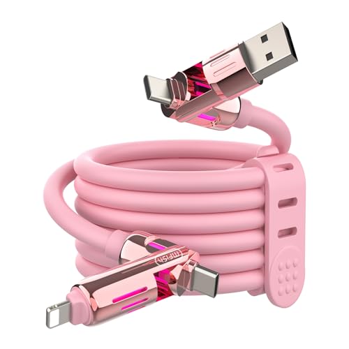 MFish 240W 4-in-1 Charging Cable with Carrying Case 6.6FT Fast Charger USB-A & USB-C to USB-C/Lightning for iPhone 17/16/15/14 MacBook iPad Samsung S25/S24 (Pink 6.6Ft)