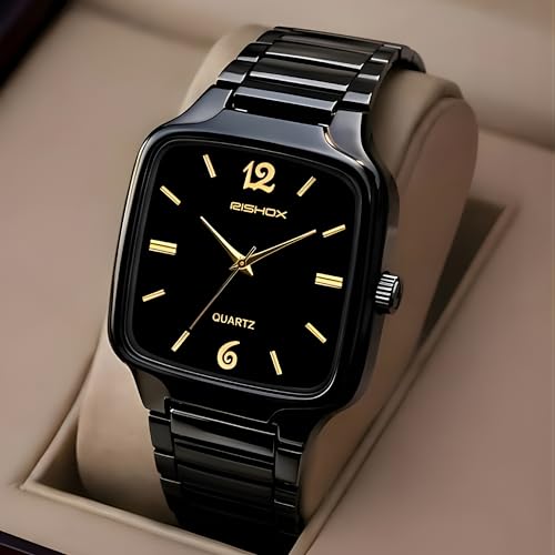 Image of Men's Analog Watch | Black Dial Square Stainless Steel Strap | Slim Quartz Wrist Watch for Men & Boys | Stylish Formal Casual Water Resistant Watch