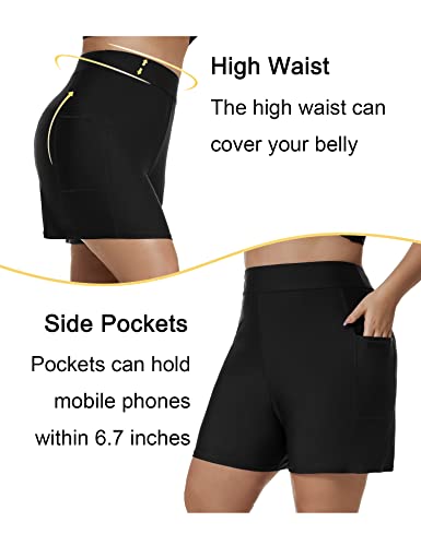 Tournesol Women's Plus Size Swim Shorts High Waisted Swimsuit Bottoms Tummy Control Bathing Suit Boy Shorts With Pocket Black #TOP3
