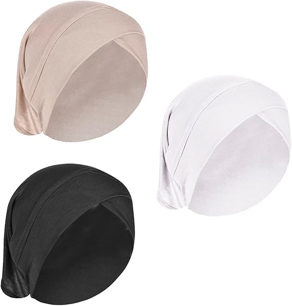 BIGTHREE 3 Pieces Muslim Women's Head Cap, Solid Color Inner Hijab Hat, Hijab Cap for Women, Elastic Breathable Turban Hat, Suitable for Muslim Women Wear, White, Black, Brown.