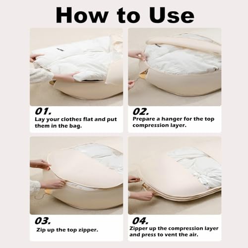 Space Saving Hanging Garment Bag with Self Compression Zipper, 2025 New Space Saver Clothes Storage Organizer, Dust Cover Clothes Bags for Down Coat Suit Dress or Jacket (Beige, L)3