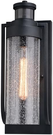VAXCEL Lawton Steel LED Compatible Black Motion Sensor Dusk to Dawn Outdoor Wall Light Transitional Clear Glass