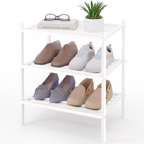 Image of Smiry Bamboo Shoe Rack, 5 Horizontal Slats, 3 Tier - 17.3 inch Wide, White