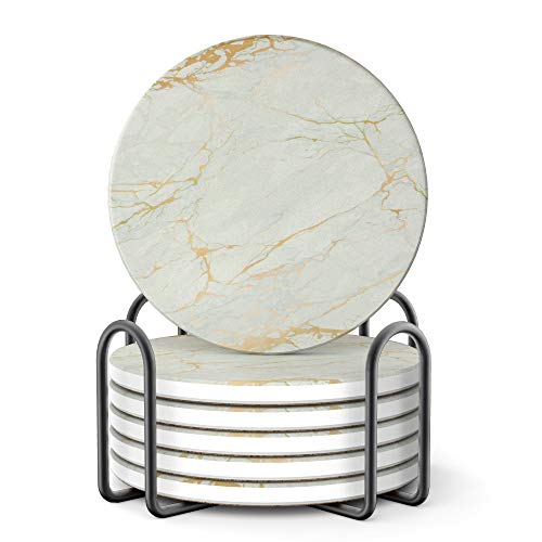LIFVER Coasters for Drinks Absorbent with Holder, Drink Coasters for Coffee Table, Tabletop Protection and Decor, Suitable for Cold and Hot Drinks, Set of 6, Gold Marble Style, Good Gift Choice
