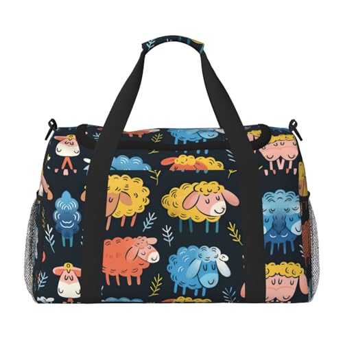 Bolsa de viaje grande e impermeable, diseño de ovejas de colores y base plegable