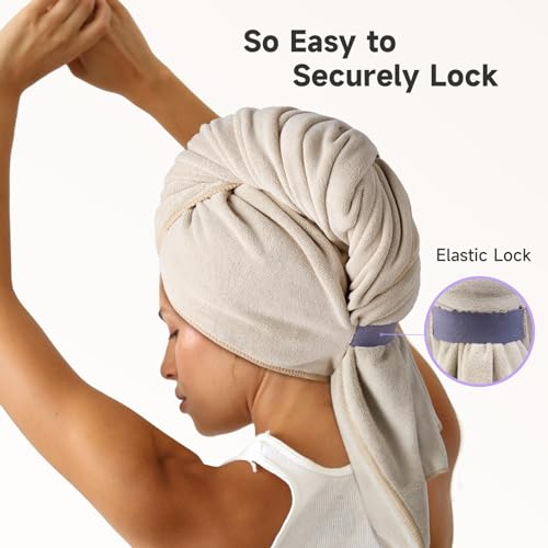Umisleep 100% Microfiber Hair Towel, 41\" x 30\" Super Absorbent Hair Care Towel, Ultra Soft Hair Towel Wrap with Elastic Loop, Extra Large Curly Hair Towel for Women Long, Thick Hair, Camel