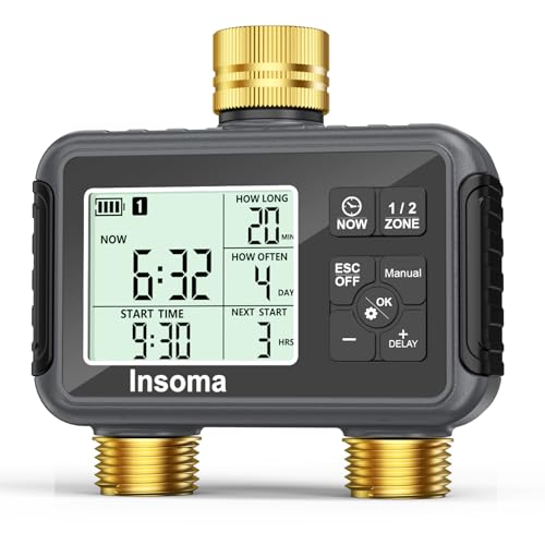 Insoma Water Timer with Brass Inlet & Outlet 2 Independent Zones Outdoor Hose Timer for Garden Faucet with Auto/Manual/Rain Delay Mode Sprinkler Irrigation Controller for Yard Lawn
