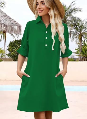 Image of Womens Summer Shirt Dress 2026 Casual Ruffle Short Sleeve Button Down Flowy Swing Shift Mini Dresses with Pockets