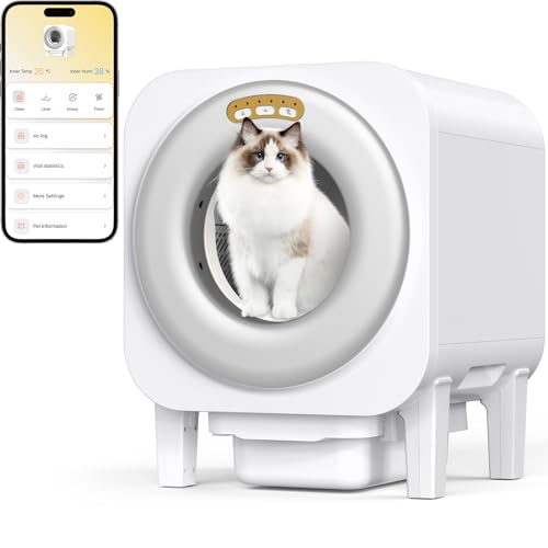 Smart Automatic Cat Litter Box with App Control, Self-Cleaning, Temperature and Humidity Monitor, White
