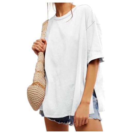 Tankaneo Womens Oversized Tshirts Summer Casual Short Sleeve Crew Neck T Shirt Loose Fit Side Slit Tee Tops White