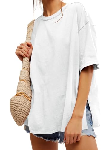 Tankaneo Womens Oversized Tshirts Summer Casual Short Sleeve Crew Neck T Shirt Loose Fit Side Slit Tee Tops White