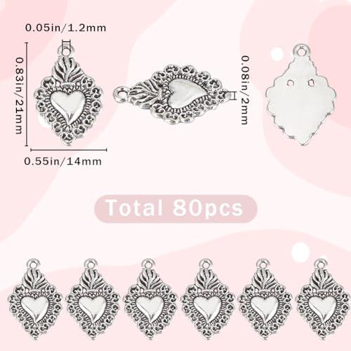 SUNNYCLUE 1 BOX 80PCS Sacred Heart Charms Milagros Heart Charms Mexican Cute Alloy Metal Antique Silver Love Charm Bulk for Jewellery Making Charms Christmas Easter Valentine's Day Gift Craft Supplies - Image 2