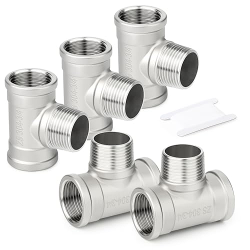 TAISHER 5PCS 304 Stainless Steel Tee Pipe Fittings, 3/4