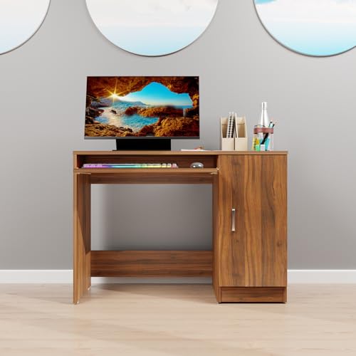 Image of VIKI Engineered Wood Computer Table, Study Table, Desks with Door Storage, Keyboard Tray for Adults /Students, Office Home | DZUKOU | Brussel Walnut, 100W x 75H x 40D | 1 Year Warranty