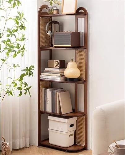 4/5 Layers Corner Shelf Stand - Multifunctional Bamboo Bookcase Storage Rack with Resin Rattan Weave & Acrylic Plate - Stylish Open Display Rack for Home & Office (151cm Right)