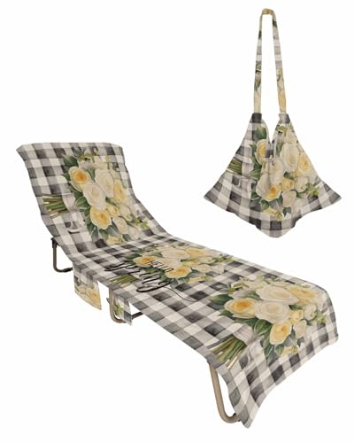 Spring Floral Beach Lounge Chair Towel Cover, Soft Chaise Lounge Towel with Side Pockets Patio Pool Chairs Cover for Beach/Pool Sunbathing 29x85 Black White Plaid Summer Botanical Flowers