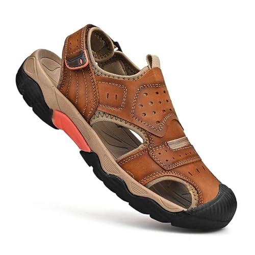 Mens Leather Sports Sandals for Men Closed Toe Hiking Outdoor Athletic Casual Walking Fisherman Sandals Adjustable Water Shoes Summer