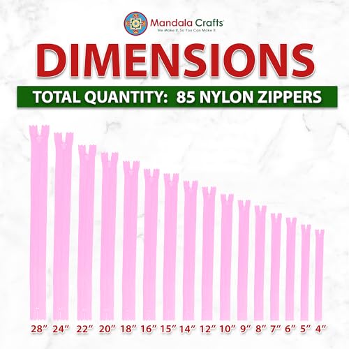 Image of Mandala Crafts 85 PCs Pink Assorted Lengths Nylon Zippers for Sewing